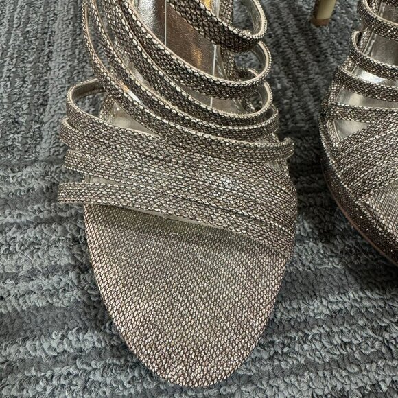 Gianni Bini gold metallic strappy stiletto open toe heels. - Picture 3 of 8